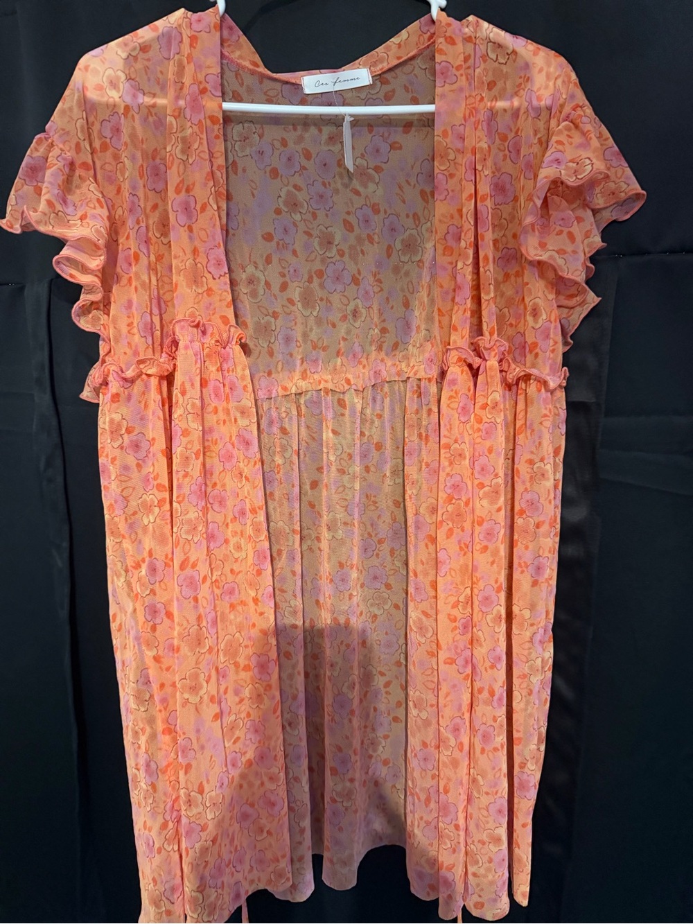 Floral Sheer Ruffle Front Kimono - Orange & Pink